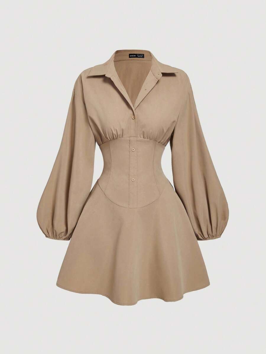 SHEIN MOD Váy sơ mi kaki dài tay ôm sát cho nữ, tay bồng, áo sơ mi nữ cỡ lớn, áo sơ mi nữ cài nút, váy sơ mi - Màu Khaki - Xem 1