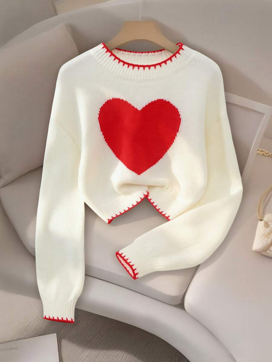 Resyla Women's White Crop Sweater With Red Heart Print And Long Sleeves Knit Sweater Cute Sweater Women Sweater Cute Clothes Sweater Tops - White - View 1