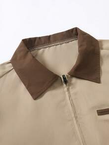 PAVTROS Men's Contrast Color Collar Long Sleeve Zip Front Casual Shirt Mens Cropped Jacket Mens Turn-Down Collar Short Sleeve Jacket Mens Zip Up Shirt Mens Short Jacket Mens Collared Shirts - Khaki - View 4