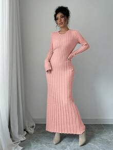 Rafferiza Women's Solid Color Round Neck Long Sleeve Fitted Ribbed Maxi Sweater Dress, Autumn/Winter - Dusty Pink - View 8