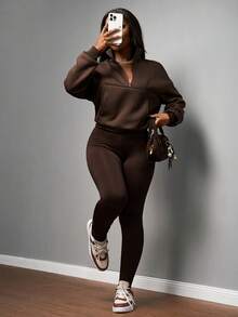 Slaydiva 2025新款秋冬休闲街头风基础款运动瑜伽拉链连帽衫+紧身裤套装 - - 棕色 - 查看 6