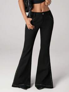 SHEIN ICON Quần ống loe xẻ gấu đinh tán dành cho nữ, quần dài vừa vặn phong cách Y2K thường ngày sang trọng - màu đen - Xem 3