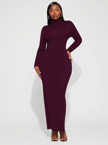 Radiana Vestido Básico Diário Elegante e Sexy para Mulheres Plus Size, Gola Alta, Modelagem Justa, Adequado para Uso Diário e Apresentações de Música Country - Vinho - Visão 5
