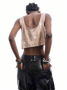 LYSMO Women's Fashionable Sexy Sequin Cropped Camisole - Khaki - View 2