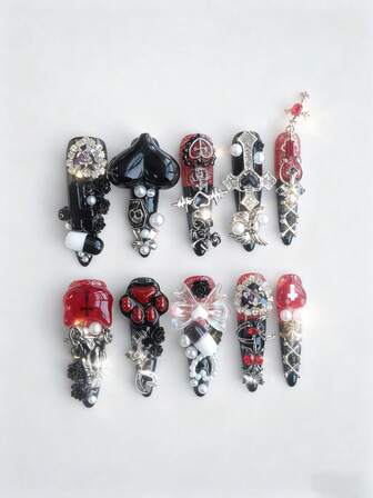 10pcs Dark Punk Style Halloween Handmade Press-On Nails + 3 Sheets Double-Sided Adhesive, Y2K Gothic Manicure Set, Removable, Rhinestone Decorated With Faux Pearl Chain, Suitable For Festivals, Parties, Dancing And Daily Wear