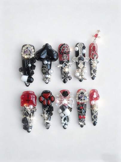 10pcs Dark Punk Style Halloween Handmade Press-On Nails + 3 Sheets Double-Sided Adhesive, Y2K Gothic Manicure Set, Removable, Rhinestone Decorated With Faux Pearl Chain, Suitable For Festivals, Parties, Dancing And Daily Wear