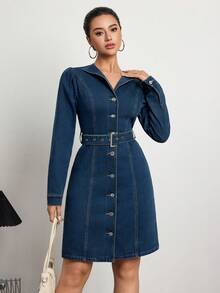 Elenzga Váy denim tay dài thắt eo màu trơn có túi - Rửa tối - Xem 4