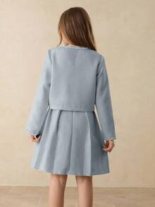Setelan Jaket Tweed Lengan Panjang Warna Biru Muda Elegan dan Gaun Pendek Tanpa Lengan Berpinggang Tinggi untuk Remaja Perempuan, Cocok untuk Kembali ke Sekolah atau Wisuda Musim Gugur - Biru - View 2