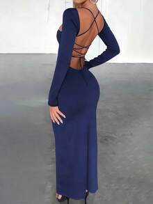 Zyxie 修身性感方领露背系带下摆高开衩长袖连衣裙（女款） - 寶藍色 - 查看 2