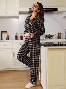 Doze Lane Bộ đồ ngủ dài tay và quần dài họa tiết kẻ caro dành cho nữ có cổ bo gân, đồ mặc nhà cho nữ, đồ ngủ cài nút dành cho nữ, đồ ngủ màu cà phê, quần áo thu đông - màu đen - Xem 4