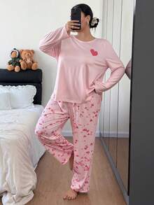 SHEIN Casual Underwear&Sleepwear 大码爱心印花长袖睡衣套装，冬季服装 - 彩色 - 查看 7