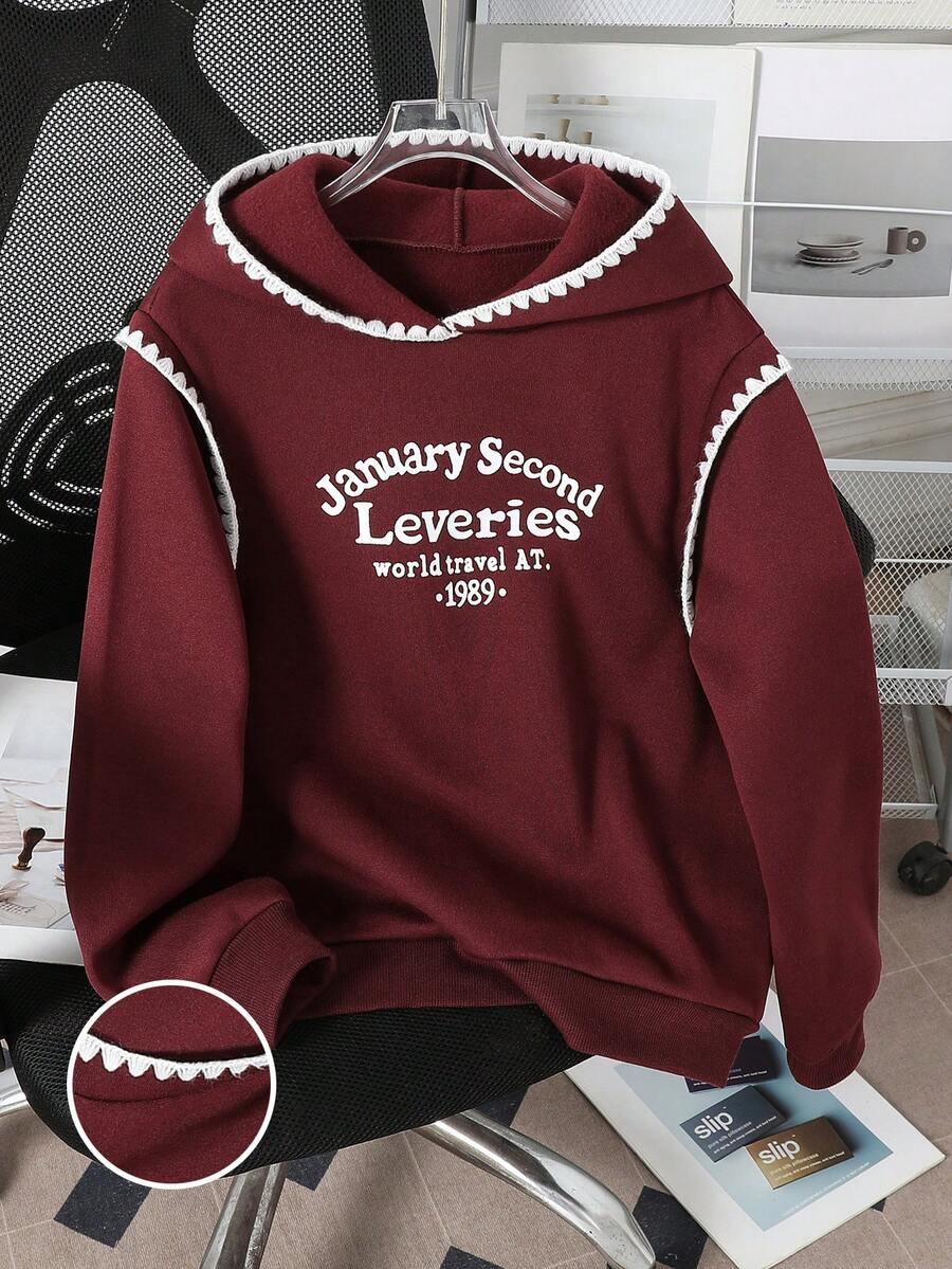 SHEIN 1pc Tween Girl Graphic English Print Pullover Sweatshirt, Burgundy, Autumn, Casual, School, Back-To-School Contrast Trim Design Comfortable Wear - Burgundy - View 1