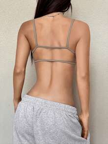SHEIN EZwear 纯色性感露脐修身吊带背心（女款） - 卡其色 - 查看 2