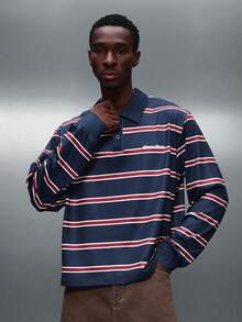 PLAYBOY X SUMWON Men's Horizontal Striped Long Sleeve Polo Shirt Boxy Fit Classic Casual Rugby Style Collared Top - Multicolor - View 2