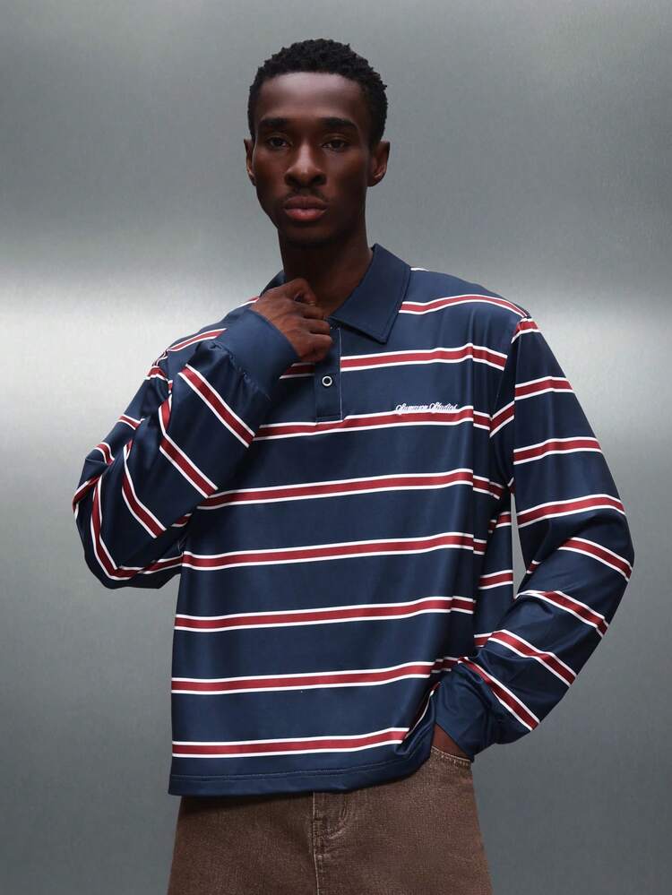 PLAYBOY X SUMWON Striped Long Sleeve Polo Shirt With Collar
