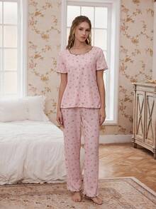 CottageSlumber Women's Pink Floral Print Short Sleeve Pajama Set,Elegant Summer Waffle Texture Round Neck Sleep Wear Set For Women - Baby Pink - View 6