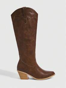 女式尖头粗跟西部一脚蹬靴，绒面革刺绣及膝马靴，秋冬适用 - 棕色 - 查看 3