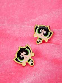 THE POWERPUFF GIRLS X SHEIN 1对时尚可爱卡通元素耳钉，奢华小众，适合派对、音乐会/节日等场合 - 金色 - 查看 4