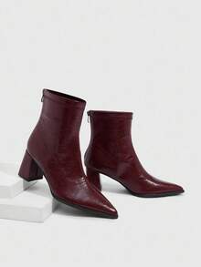 女士尖头踝靴，后拉链设计，时尚百搭，圣诞节必备 - 酒紅色 - 查看 7
