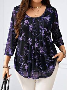 Miaspire Áo kiểu nữ cỡ lớn màu xanh hải quân in hoa, tay lỡ 3/4, thích hợp cho mùa hè. - Màu tím - Xem 3
