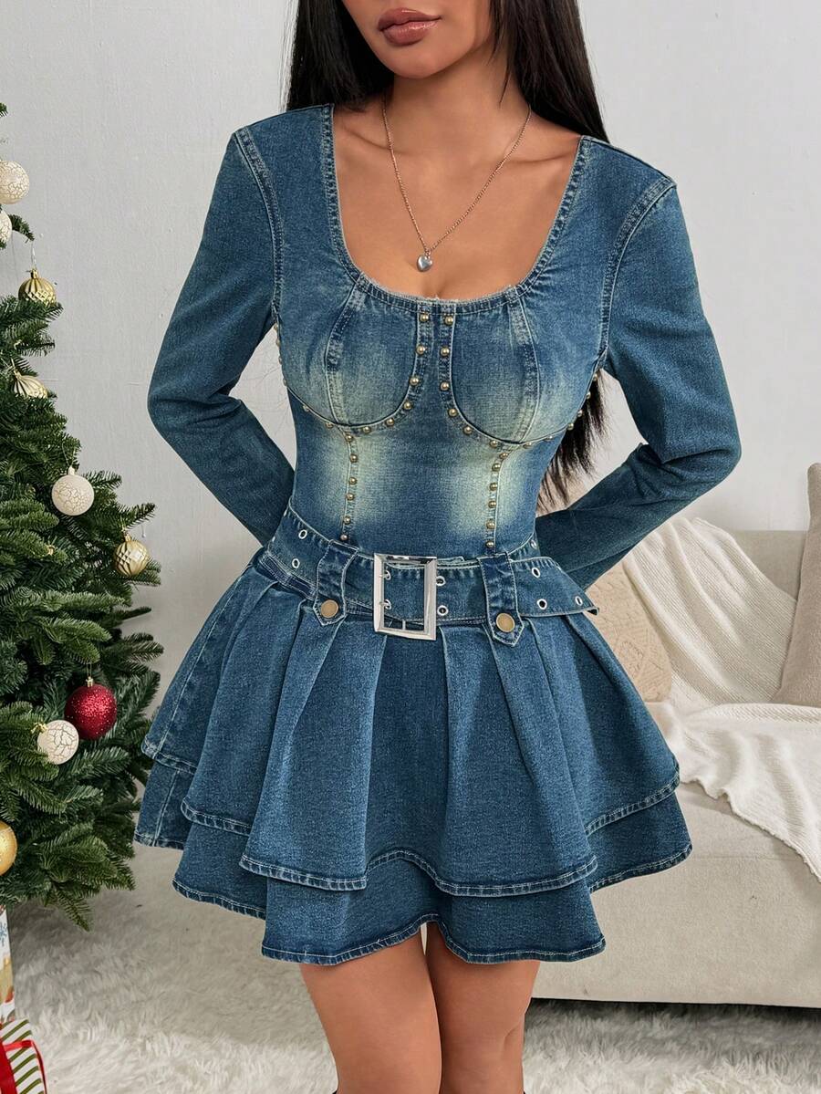 Rivivi Women's Fitted Denim Dress With Ruffle Hem, Y2K Style Long Sleeve