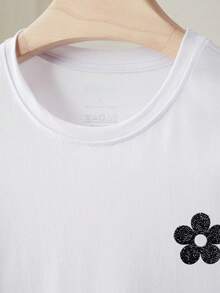 Resyla Women's Casual Versatile Rhinestone Flower Decorated T-Shirt, Summer - White - View 4