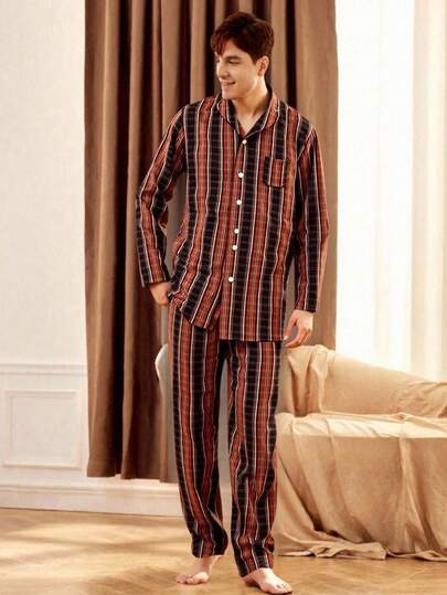 Velminro 남성용 캐주얼 편안한 스트라이프 버튼업 파자마 세트