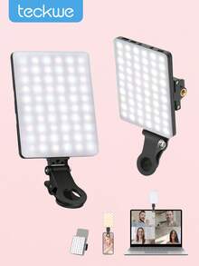 Teckwe Lampu Klip Isi Ulang Daya Tinggi 60 LED untuk Konferensi Video dengan Klip Depan & Belakang, 3 Mode Cahaya yang Dapat Disesuaikan untuk Ponsel, Kompatibel dengan iPhone, Android, iPad, Laptop, untuk Riasan, Selfie, Vlog, Cocok untuk Selfie dan Siaran Langsung, Lampu Selfie Portabel - Hitam dan Putih - View 1