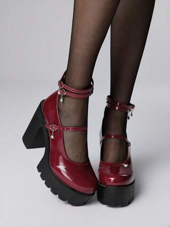 Kawaii Zapatos de tacón grueso con punta cerrada y correa para el tobillo en color marrón para mujer, con plataforma impermeable y múltiples hebillas decorativas, ideales para vestidos de fiesta