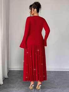 SHEIN Elenzya Elenzga 女士加大码优雅修身喇叭袖网纱拼接串珠连衣裙，秋冬款 - 紅色 - 查看 2