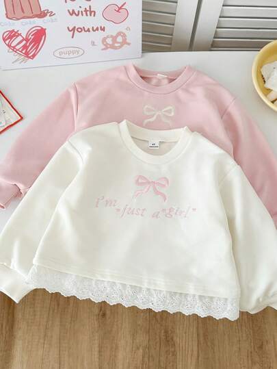 Genkimix Kids 2件套女童休闲蝴蝶结刺绣下摆拼接刺绣饰边圆领卫衣，粉白组合，春季韩版