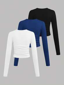 SHEIN EZwear 3件套女士休闲纯色圆领褶皱长袖T恤，秋冬季 - 彩色 - 查看 2