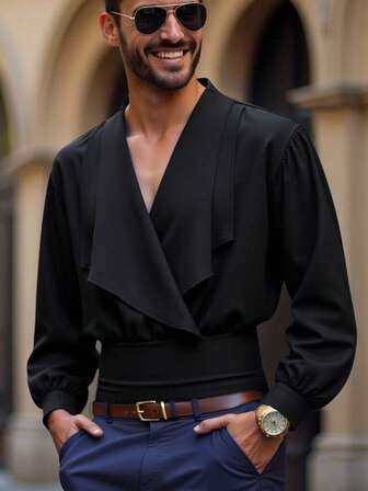 Manfinity AFTRDRK Men's Solid Color Turndown Collar Long Sleeve Casual Shirt Blouses For Men Men Black Sexy Top Sexy Men Shirt Black 20male 20fashion Black Dress Men Shirts Daily Leisure, Weekend Trips, Outdoor Activities, Travel Expeditions, Relaxed Work Environments Or Semi-Formal Occasions, Boyfriend/Husband Gift, Anniversary /Birthday Gift Party Christmas New Years Wedding