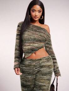 Radiana 女士性感休闲复古美拉德棕色不对称肩长袖上衣，修身针织衫，柔软舒适，适合秋冬季穿着 - 彩色 - 查看 5