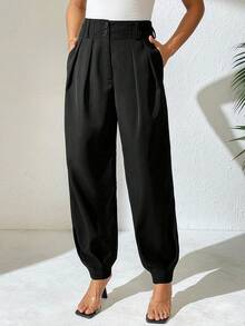 SHEIN PETITE Women's Elegant High-Waisted Black Straight-Leg Pants With Double-Button Decoration And Pleats, Suitable For Spring And Autumn