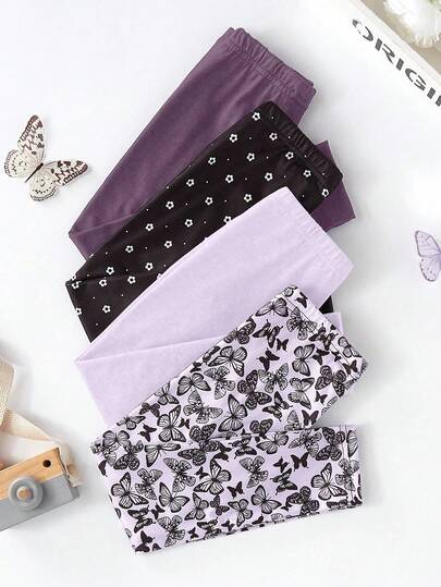 Genkimix Kids Little Girls Leggings 4-Pack Set - Purple Butterfly Floral Leggings 4-Pack Combo Butterfly Floral Pattern Design Purple Pink Black White Sweet Color High Waist Elastic Butterfly Floral Leggings 4-Pack Set Social Media Style Sweet 2026 New Year Holiday Essential Four Season Little Girls Butterfly Floral Leggings 4-Pack Kids Leggings Short Butterfly Kids