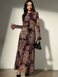 Aveloria Modichic Váy dài tay ôm sát lưng thun lưới in họa tiết cổ điển gợi cảm mùa thu, phong cách Anh - Nhiều màu - Xem 6