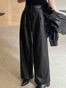 Dazy Tall 女士高个/长款PU皮裤，直筒，褶裥，宽松，休闲都市裤