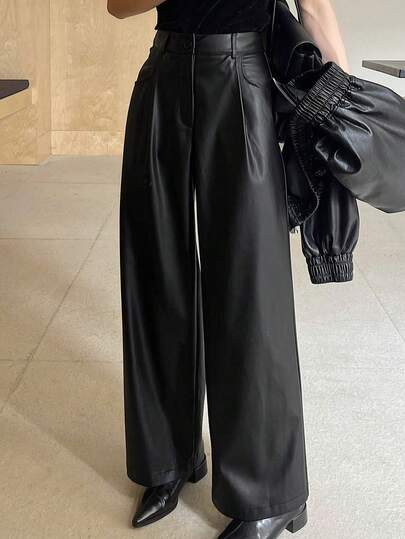 Dazy Tall 女士高个/长款PU皮裤，直筒，褶裥，宽松，休闲都市裤