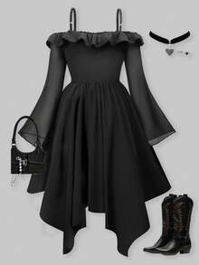 SHEIN ChillGRL Gothic Style Flare Sleeve Ruffle Hem Slip Dress For Tween Girls Fashion - Black - View 2