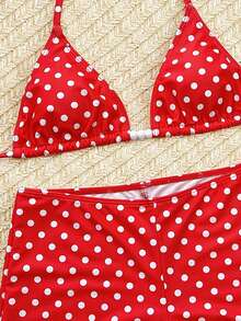 Bonvoyette 2件套红色波点图案露背系带荷叶边短裤性感时尚可爱泳衣比基尼套装，女士春夏款 - 紅白色 - 查看 3