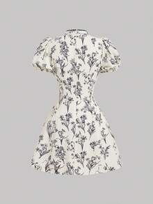 SHEIN MOD 收腰女士黑白碎花中国风泡泡袖短款连衣裙，职业装，塑身连衣裙 - 彩色 - 查看 2