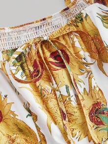 SHEIN MOD 梵高向日葵绘画图案连衣裙，泡泡袖，蝴蝶结细节，适合约会、派对、度假、下午茶、生日场合、情人节、女士生日礼服、女士正式礼服、女士沙滩装、度假、舞会礼服、金色连衣裙、夏季连衣裙、女士婚礼宾客礼服、太阳裙