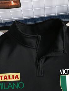 Manfinity Joysei Ink Night Black ITALIA MILANO Stand Collar Sweatshirt | Italian Flag Badge Half-Zip Top | Sleeve Letter Decorated Casual Pullover | #EuropeanStyle# Victory Badge Sports Item,Men's Letter Print Casual Versatile Long Sleeve Pullover Pullover Sweatshirt - Black - View 5