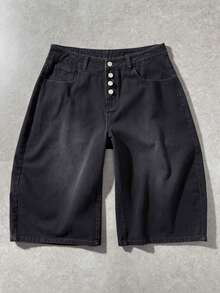 ROMWE MEN Street Life Men's Casual Washed Curved Denim Shorts - Black - View 1