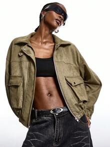 LYSMO 2025 Minimalist Winter Women's Women's Solid Color High Collar Zipper Pocket Casual Long Sleeve Regular Jacket , Winter For Women New Year Thanksgiving Stylish Collection - Green - View 5