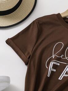 青少年女孩趣味鬼魂印花休闲 T 恤，适合万圣节、秋季上衣 - 咖啡棕 - 查看 4