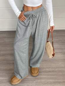 SHEIN EZwear 大码休闲纯色抽绳腰运动裤 - 綠色 - 查看 6