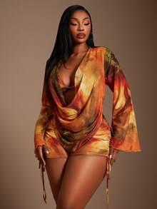 Radiana Plus Size Women's Rust Orange Marble Tie-Dye Mesh 3Pcs Set,Summer,Elegant,Vacation,Wedding Ninang,Holiday Beach Bikini Cover Up Shorts Outfit Fall - Multicolor - View 6