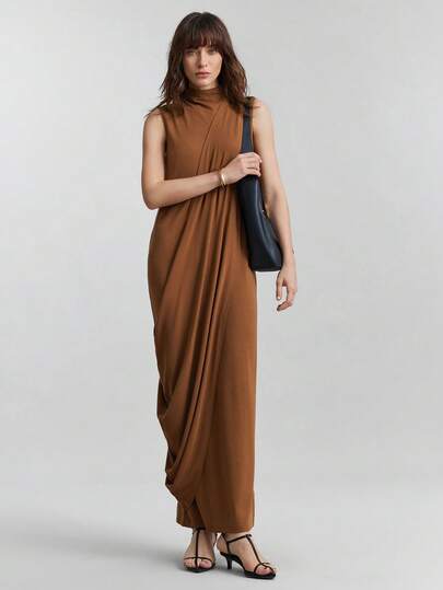 Ontre 2026SS Women's Red-Brown Faux Wool Blended High-Stretch Fabric Comfortable & Skin-Friendly Asymmetric O-Shaped Ruched Design 2 In 1 Mock Neck Straight Dress With Wrapped Ruched Decor, Modern Urban Casual Business Commuter High-Quality Airport Fashion Modern Urban Casual Fashion Business Casual Women's Office Wear Low-Key Old Money Style Effortless Temperament High-End Urban Commuting High-Quality Airport Women's Wear High-End Material